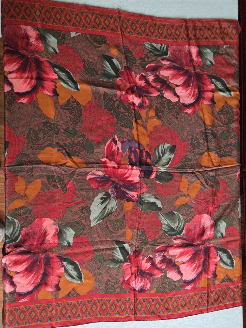 bill blass Red, Orange, Green Floral Silk Scarf